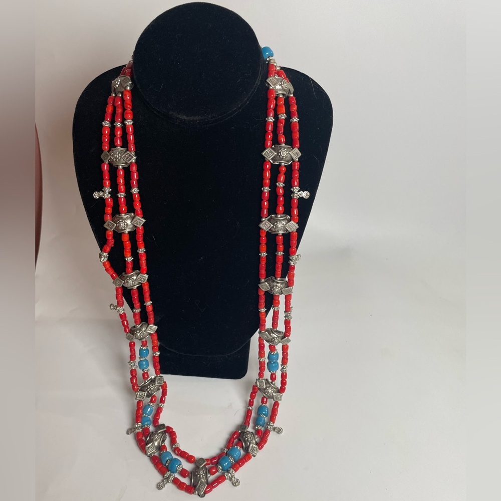 Vintage Rare beaded Exotic necklace red and turquoise use colored glass? Beads